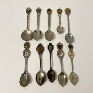 Vintage Lot of 10 Souvenir Spoons Nevada Florida Miami Lake Placid Flaws